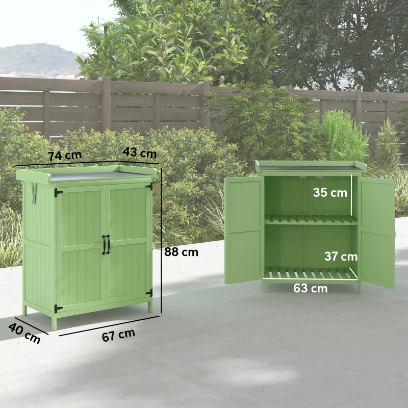 Outsunny Wooden Garden Shed, Garden Tool Storage Shed with Hinged Roof and Shelf, Outdoor Storage Cabinet with Double Doors, Light Green