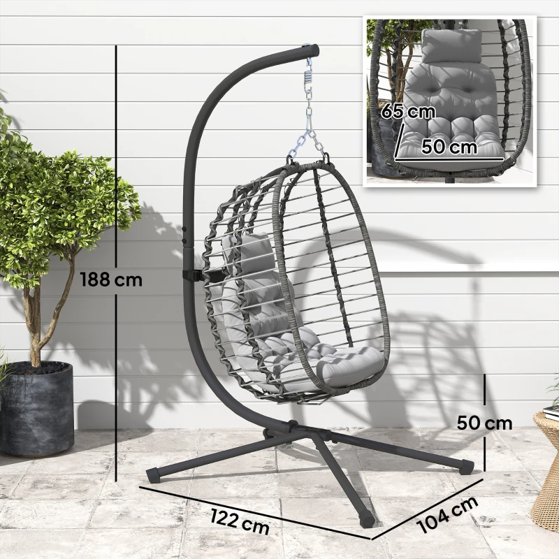 Outsunny Fauteuil suspendu pliable en résine tressée avec support, coussin et oreiller hauteur réglable, gris