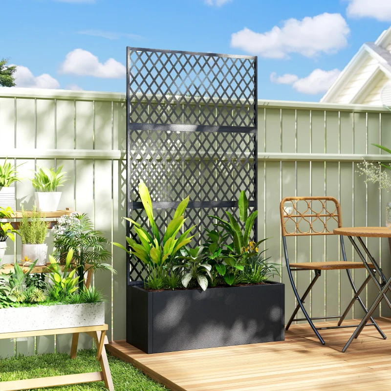 Outsunny Metall-Hochbeet mit Spalier, Pflanzkasten für draußen mit Diamantgitter-Sichtschutz für Blumen