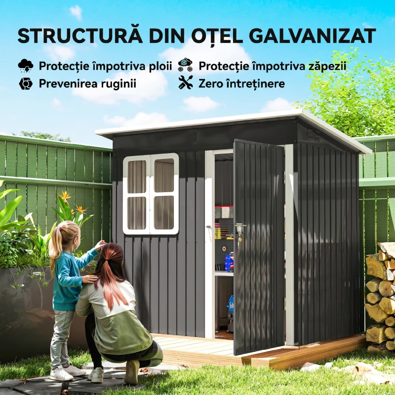 Outsunny Căsuță de Grădină 2,55m² din Oțel Zincat cu Kit de Fundație, Ușă Blocabilă, Acoperiș Înclinat, Gri