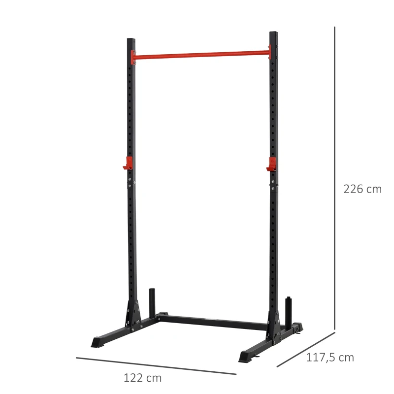 HOMCOM Squat Rack Réglable 32 Niveaux en Acier, Crochet, Barre de Traction, Base Antidérapante, 117,5x122x226cm, Noir