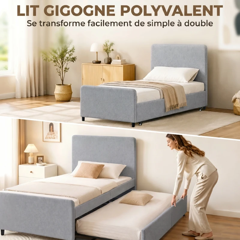HOMCOM Lit gigogne 90 x 190 cm, cadre de lit simple/double avec sommier à lattes en bois, tête et pied rembourrés, gris clair