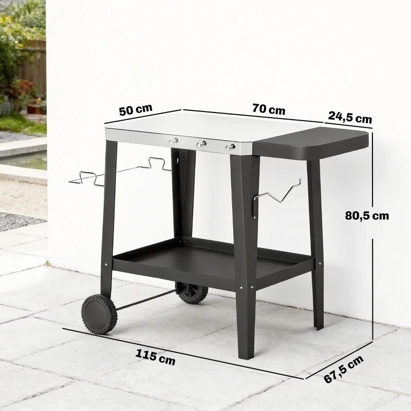 Outsunny Desserte Jardin 2 Niveaux Plateau en Inox avec Table Latérale Pliable et Roulettes, 115x67,5x80,5cm, Noir