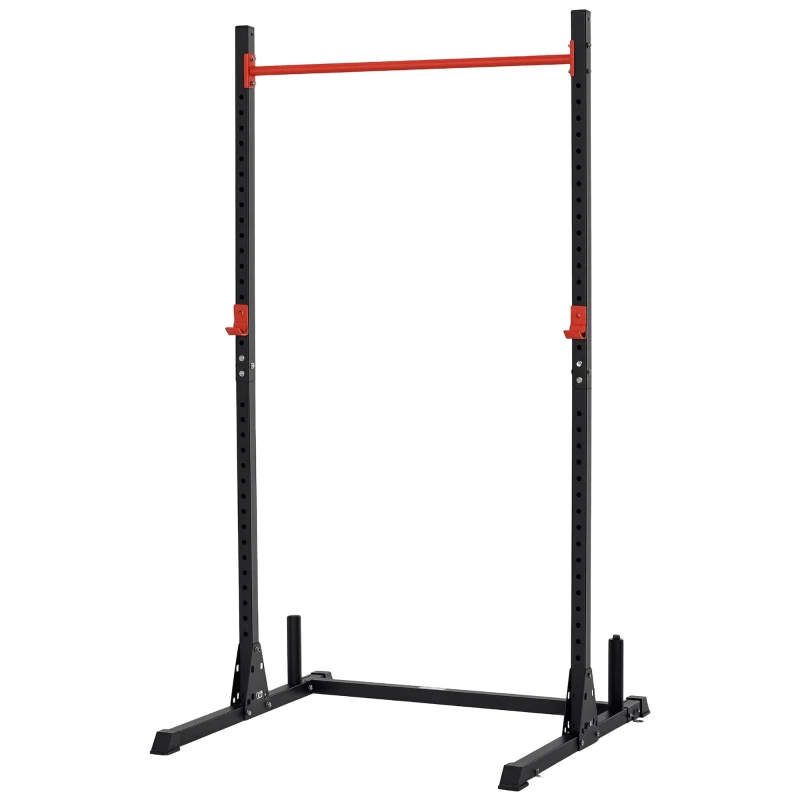 HOMCOM Squat Rack Réglable 32 Niveaux en Acier, Crochet, Barre de Traction, Base Antidérapante, 117,5x122x226cm, Noir