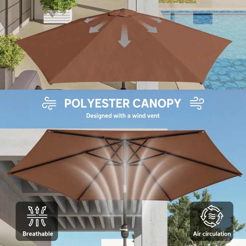 Outsunny 2.6 m Garden Parasol Umbrella with Aluminium Pole, Outdoor Patio Umbrella with Tilt and Crank, Vent, Coffee