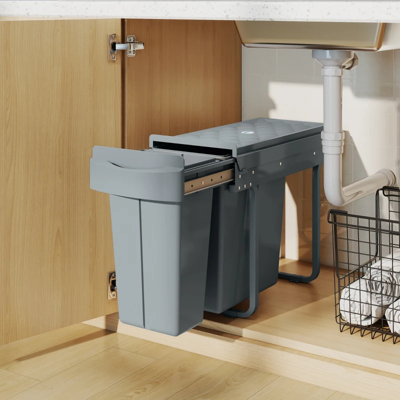 HOMCOM Poubelle cuisine coulissante 30L avec 2 compartiments, poubelle sous évier avec couvercle givré, 52x26x40,8cm, gris