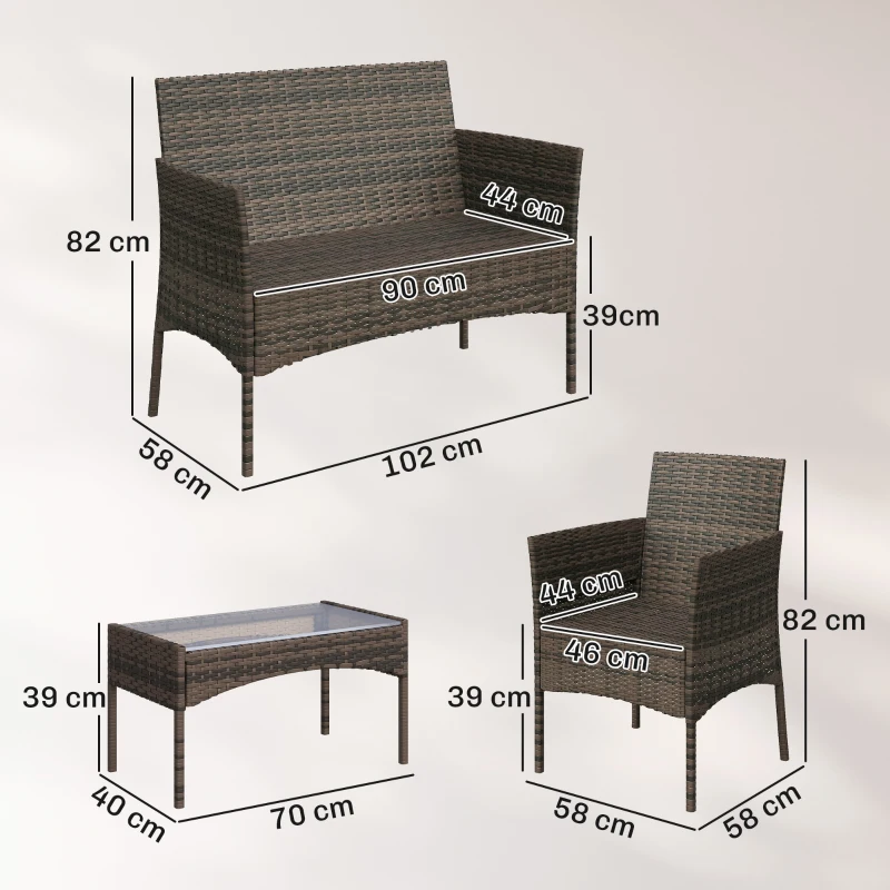 Outsunny 4 Piece Rattan Garden Furniture Sofa Set with Loveseat, Armchairs, Glass-Top Coffee Table and Cushions, Brown