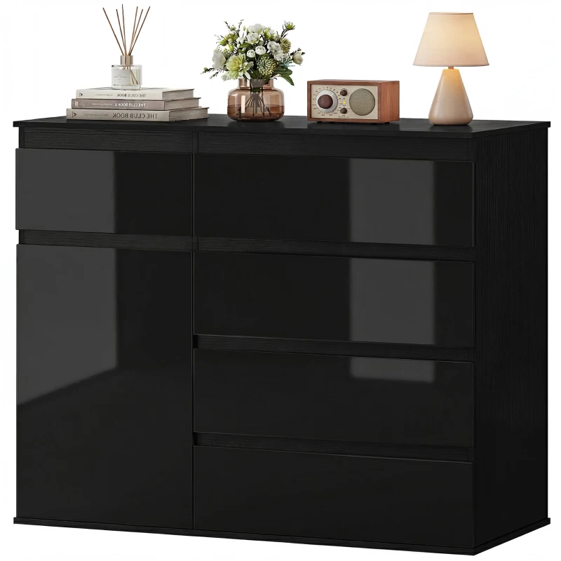 HOMCOM Modernes Sideboard, Stauraum-Sideboard mit 5 Schubladen, verstellbarem Regal, Soft-Close-Tür, Schwarz Hochglanz