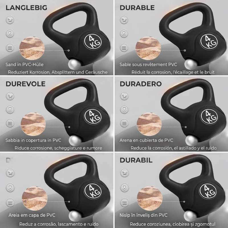 HOMCOM Kettlebell 4kg din plastic și nisip cu bază plată și mâner, 18x12x20 cm, negru