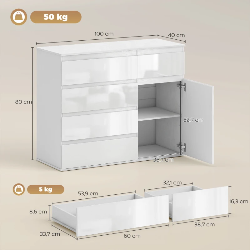 HOMCOM Modernes Sideboard, Stauraum-Sideboard mit 5 Schubladen, verstellbarem Regal, Soft-Close-Tür, Weiß Hochglanz
