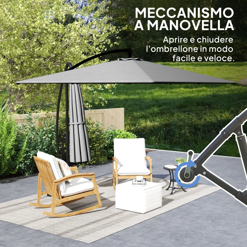 Outsunny Ombrellone da Giardino a Sbalzo 2.5x2.5 m con Manovella, Inclinabile e Girevole con Copertura, Grigio