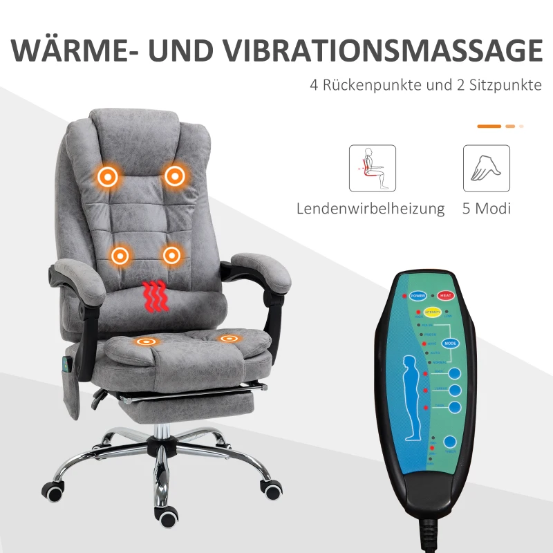 Vinsetto Bürostuhl mit Massagefunktion, Ergonomischer Schreibtischstuhl mit Liege- & Wärmefunktion, Fernbedienung, Grau(m-4)