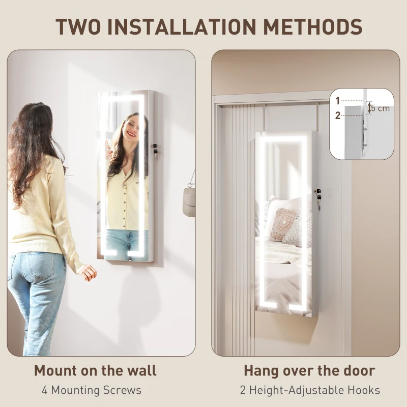 HOMCOM LED Mirror Jewellery Cabinet, Wall Mounted Full Length Mirror with Storage, Lockable Jewellery Organiser, White