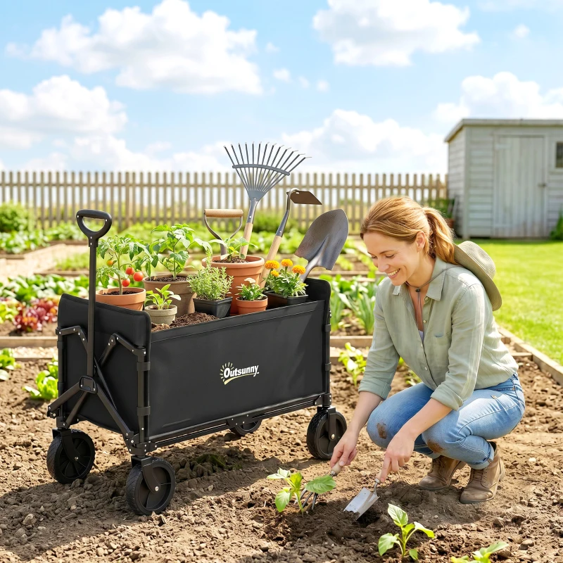 Outsunny Carrello da Giardino da 180L Pieghevole con Pannello Apribile, in Acciaio e Poliestere, 90x48x62 cm, Nero