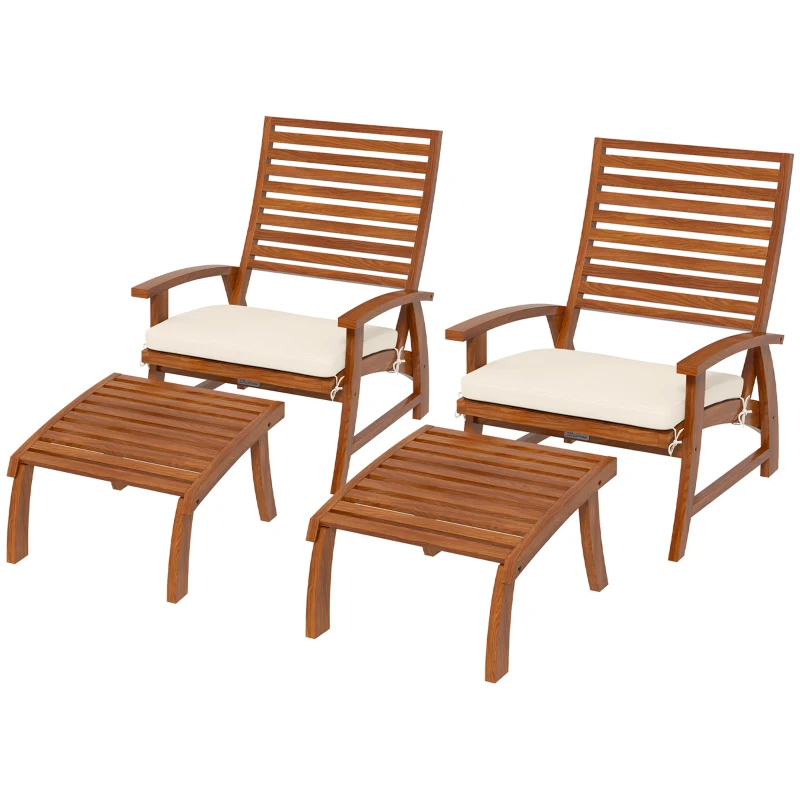 Outsunny Fauteuils de jardin - chaises relax avec repose-pieds lot de 2 - ensemble de 4 pièces bois d'acacia avec coussins crème