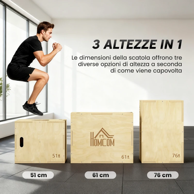 HOMCOM Plyo Box in Legno a 3 Altezze, Jumping Box Pliometrico Capacità 120kg, 61x51x76cm