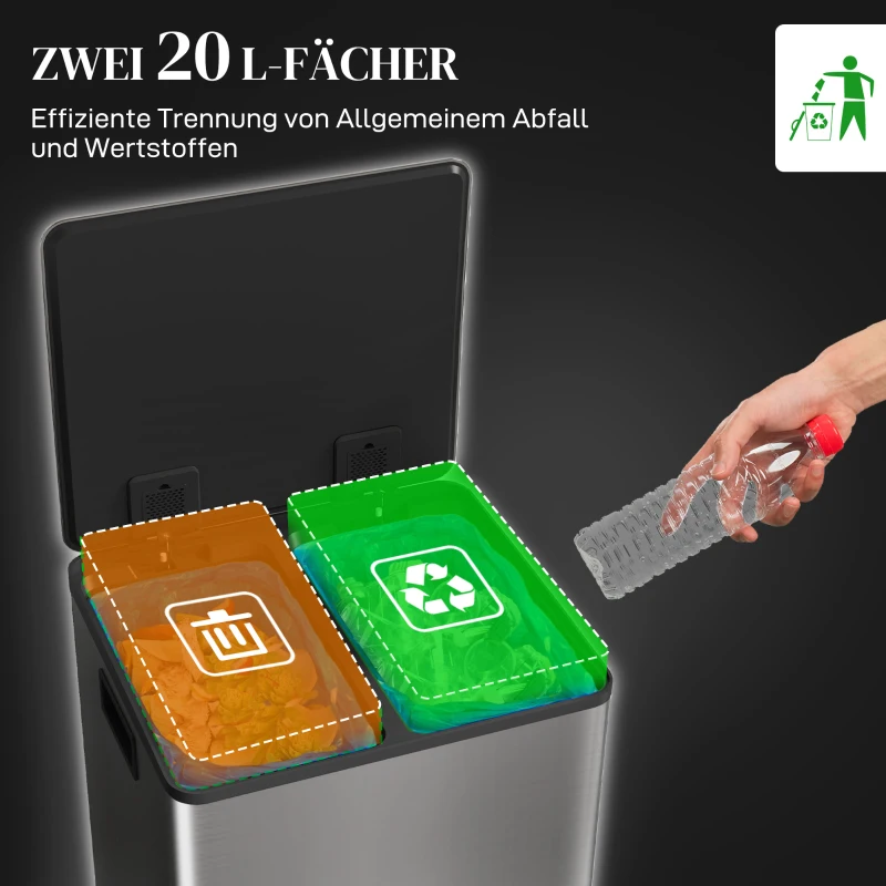 HOMCOM Mülleimer mit 2x20L Fächern, Soft-Close-Deckel, Fingerabdrucksicher, Edelstahl, Silber
