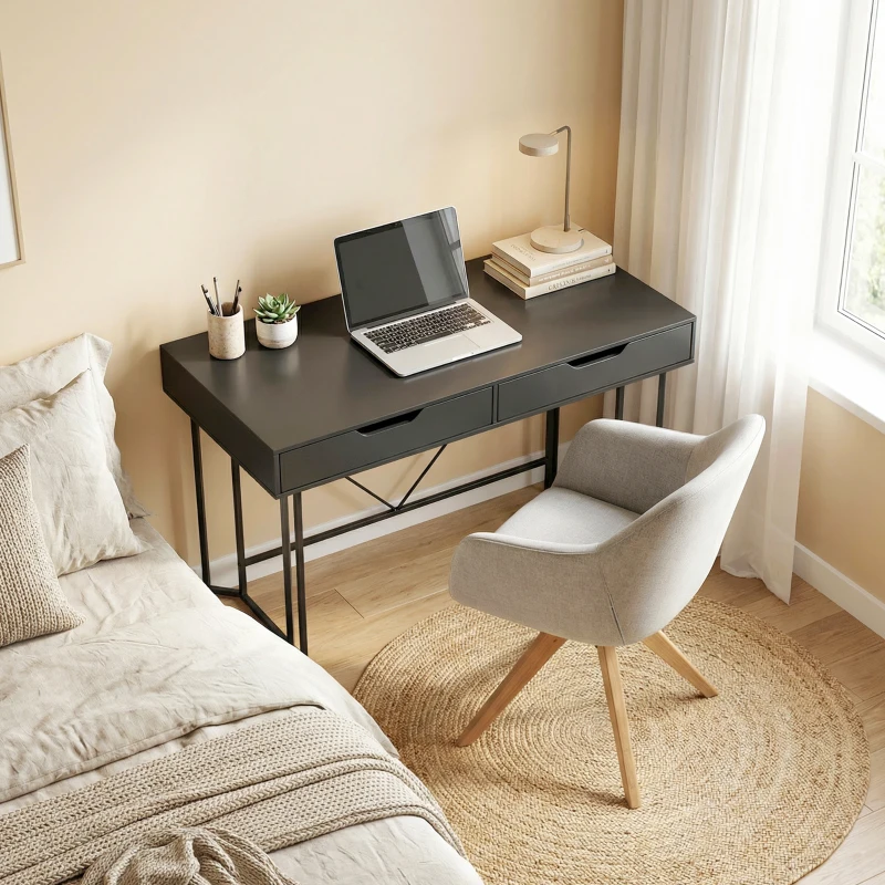 HOMCOM Kleiner Computertisch mit 2 Schubladen, Schreibtisch mit großer Arbeitsfläche 120 x 60 x 77 cm Schwarz