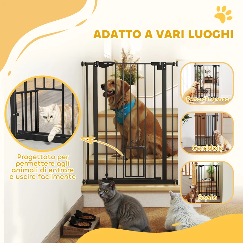 PawHut Cancellino per Cani Regolabile Alto con Porta Piccola e Chiusura Automatica, 74-80x104cm, Nero