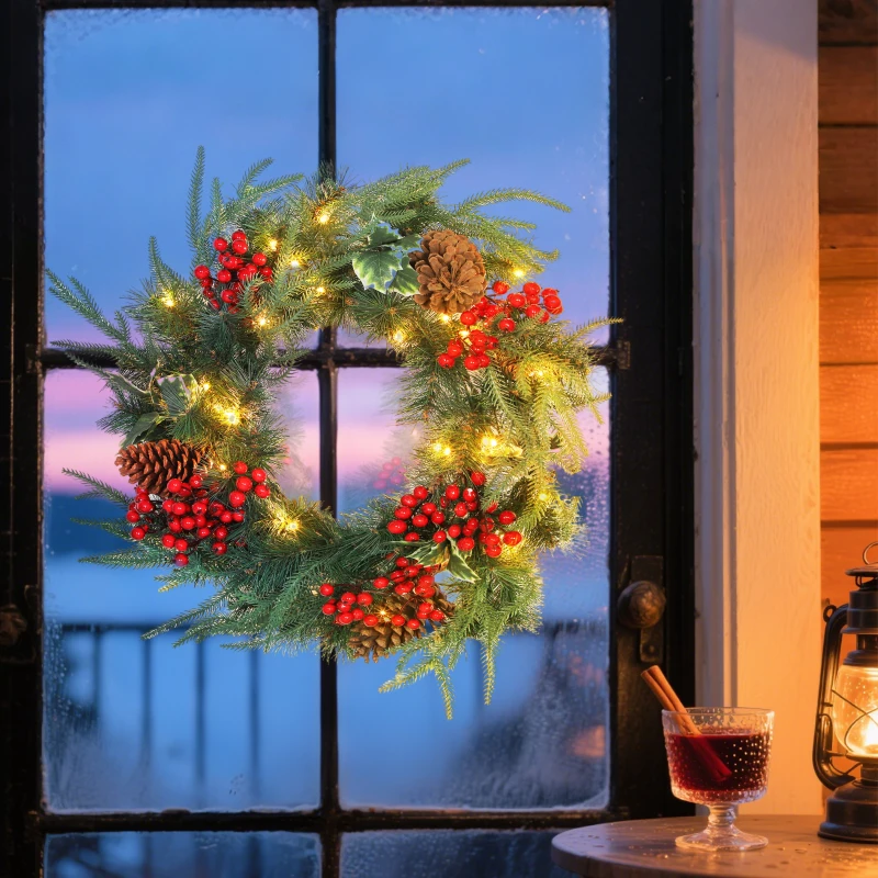 HOMCOM Ghirlandă de Crăciun de 60 cm cu lumini LED albe, timer, conuri, boabe și frunze de ilex, verde