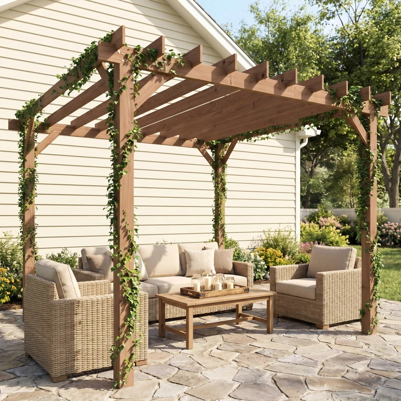 Outsunny 3 x 3 m Wooden Pergola Kit, Garden Pergola Gazebo Grape Trellis with Triangle Supports, Maple Wood-effect