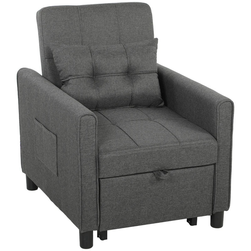 HOMCOM Fotoliu Pat Single 3 în 1 din Material Textil Tip In și Lemn cu Spătar Reclinabil, Pernă, Buzunare, Gri
