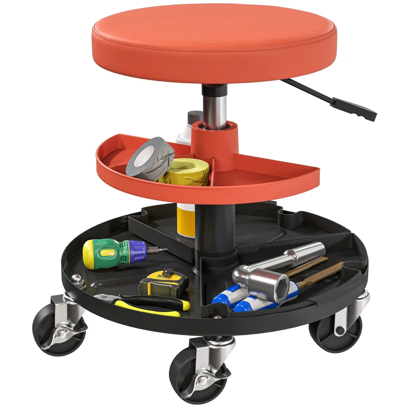 HOMCOM Taburet de Atelier cu Roți Ø6 cm, Capacitate până la 135 kg, Înălțime Reglabilă 40-51 cm, cu Tăvi pentru Unelte, Portocaliu