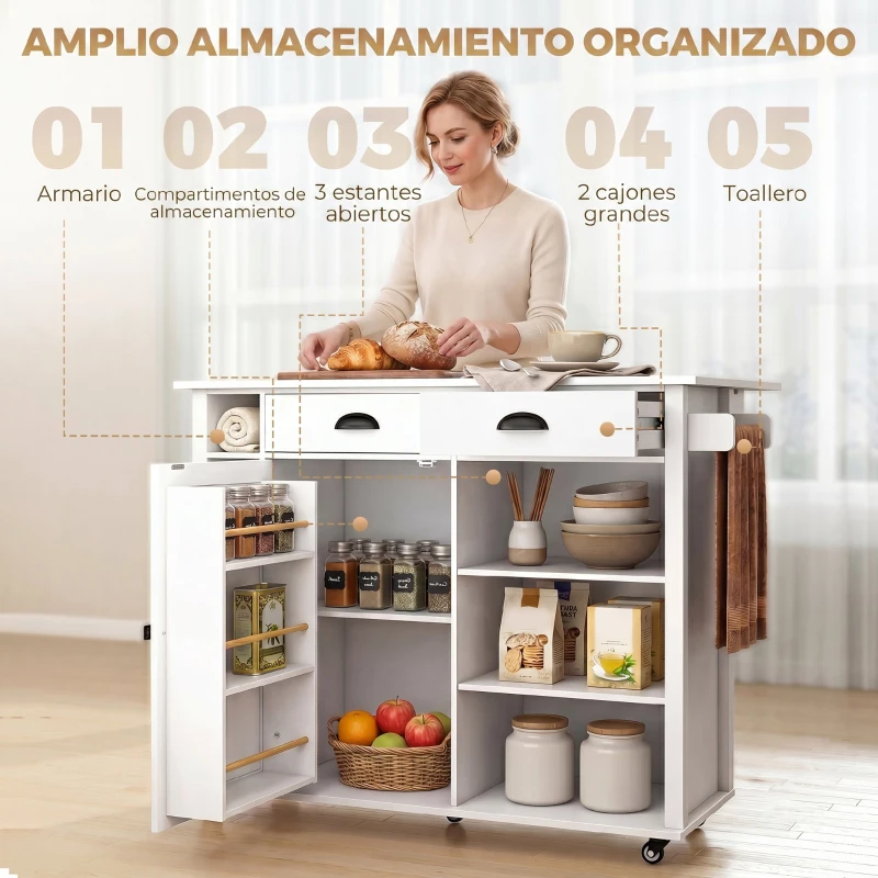 HOMCOM Isla de Cocina con Ruedas Tapa Abatible Estantes en la Puerta Toallero Armario 2 Cajones 117,5x70x91 cm Blanco