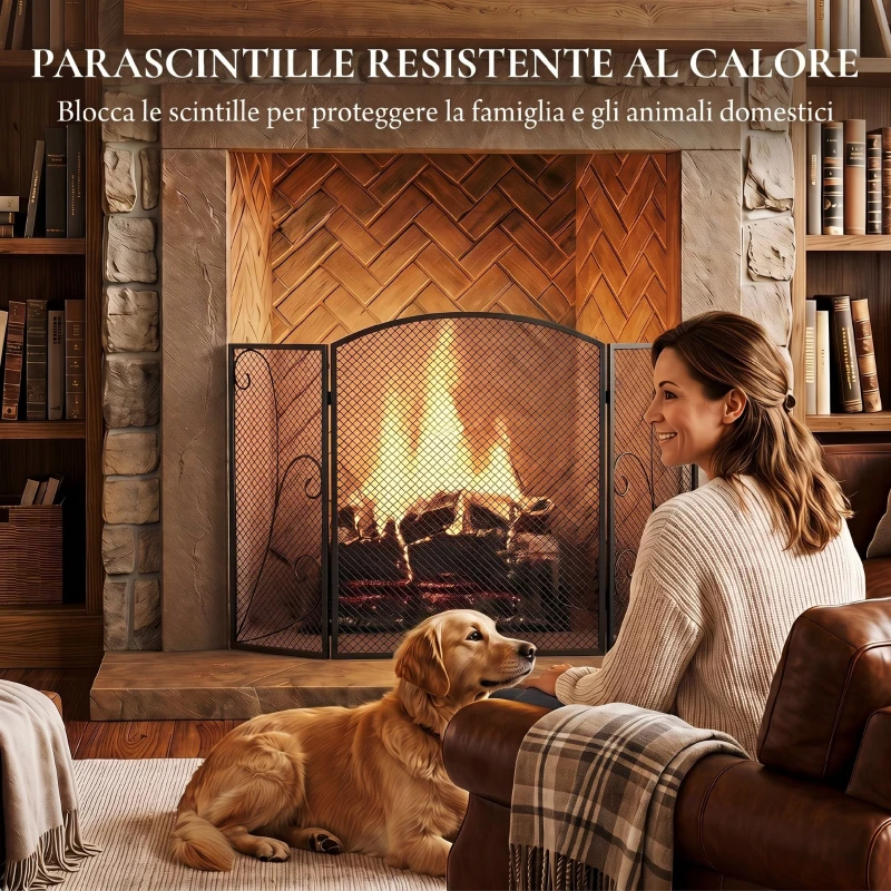 HOMCOM Parascintille per Camino Pieghevole a 3 Pannelli in Metallo Verniciato, 133x1x77 cm, Nero