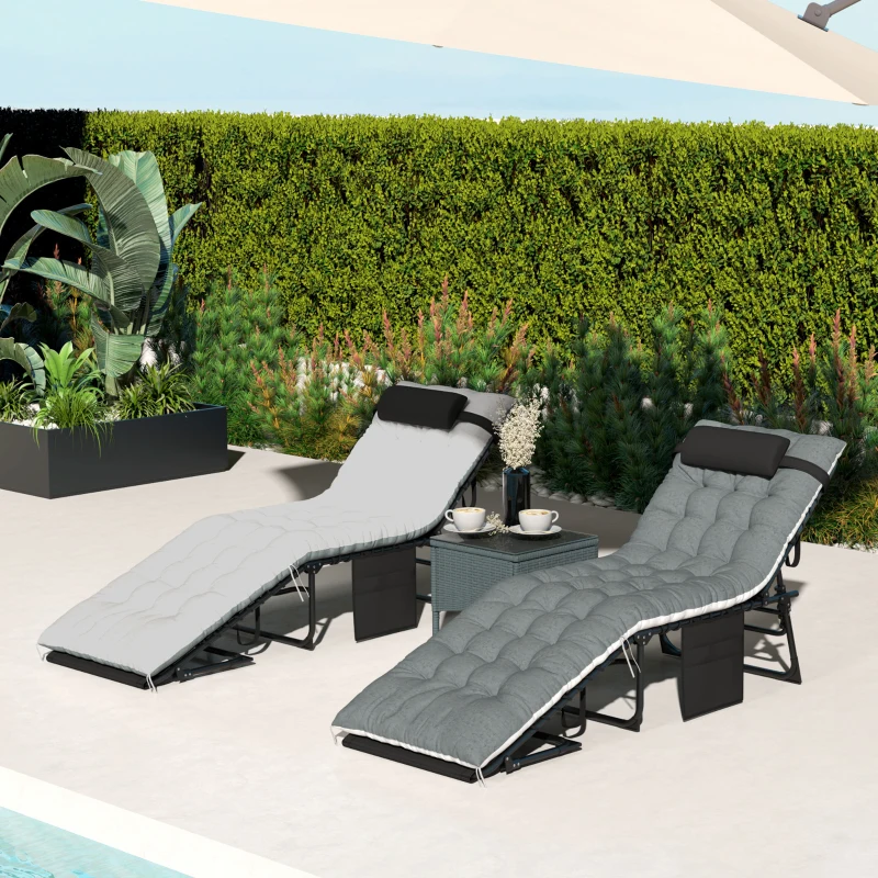 Outsunny Lot de 2 bains de soleil, chaise longue pliante et inclinable, coussin, appui-tête, poche latérale, 60x190x31cm, gris