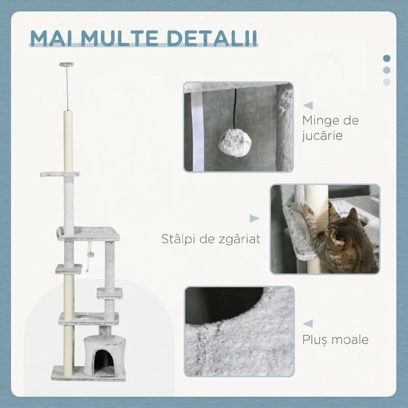 PawHut Copac Scratcher pentru Pisici la Tavan cu Platforme și Căsuță, 60x40x225-255cm, Gri