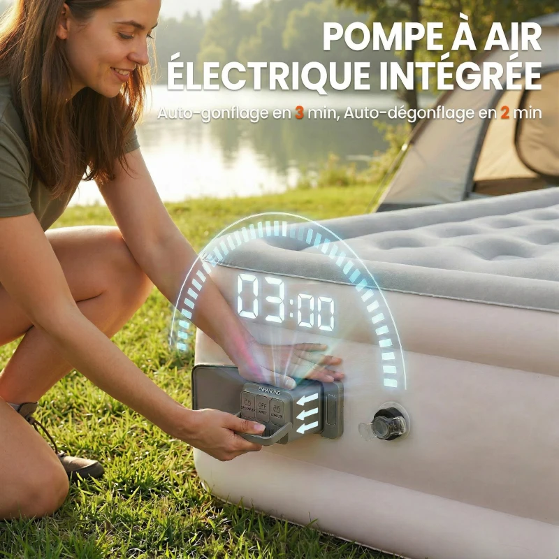 Outsunny Matelas Gonflable, Pompe Électrique Intégrée, Surface Floqué , Imperméable 5000 mm, Sac Transport, 190x97x39cm, Kaki