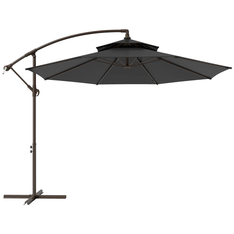 Outsunny 2.7m Garden Banana Parasol Cantilever Umbrella with Crank Handle, Double Tier Canopy and Cross Base for Outdoor, Hanging Sun Shade, Black(m-12)