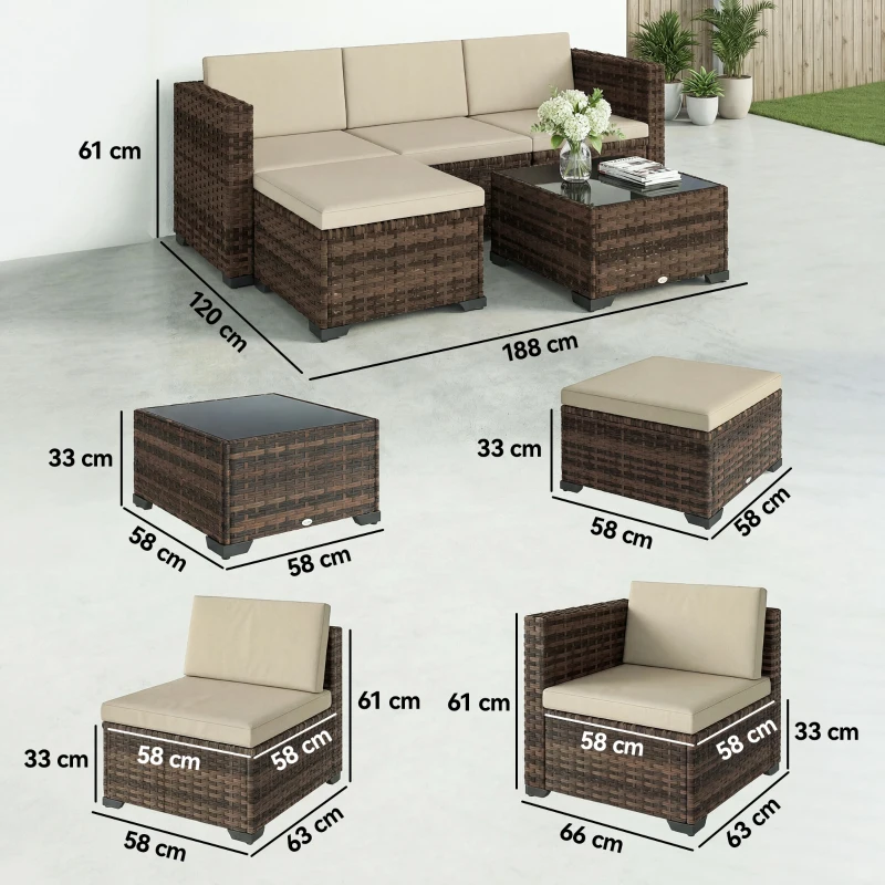 Outsunny Conjunto de Jardín Exterior de Ratán 5 Piezas con Cojines 2 Sillones de Esquina Sillón sin Brazos Reposapiés y Mesa