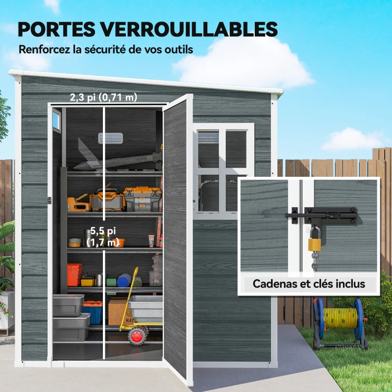 Outsunny Abri de Jardin Cabanon de Stockage Plancher Structure Aluminium 3 Fenêtres 2 Aérations 182x182x183cm Gris Effet Bois