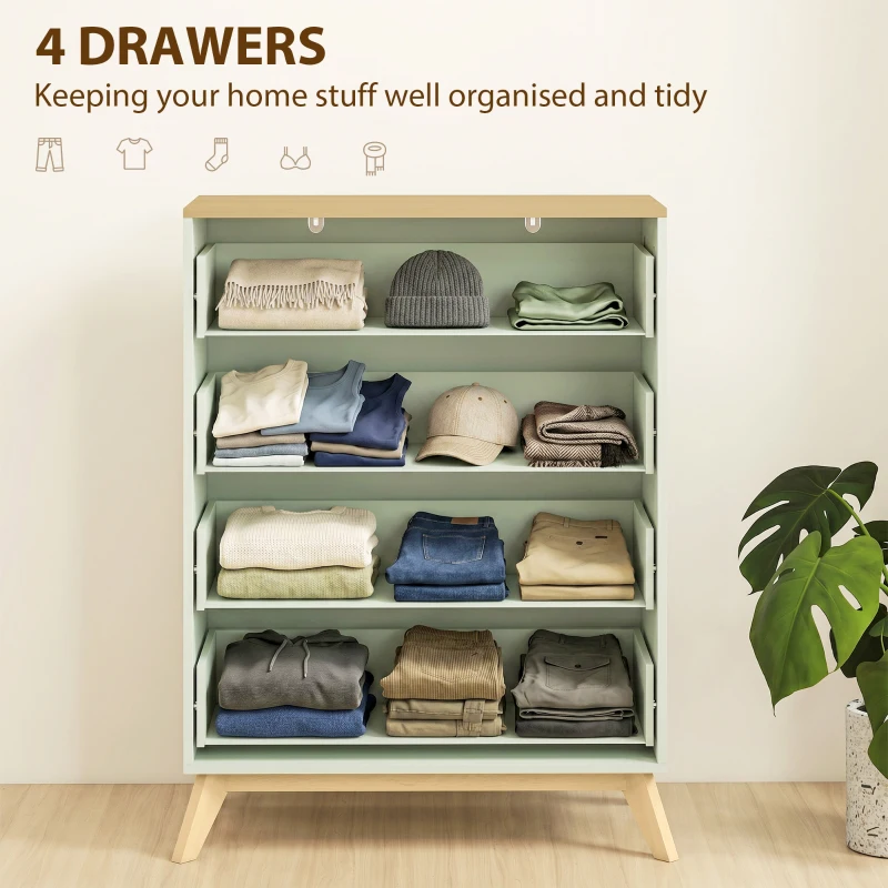 HOMCOM 4 Drawer Storage Cabinet, Chest of Drawers for Bedroom Living Room, Light Green and Oak
