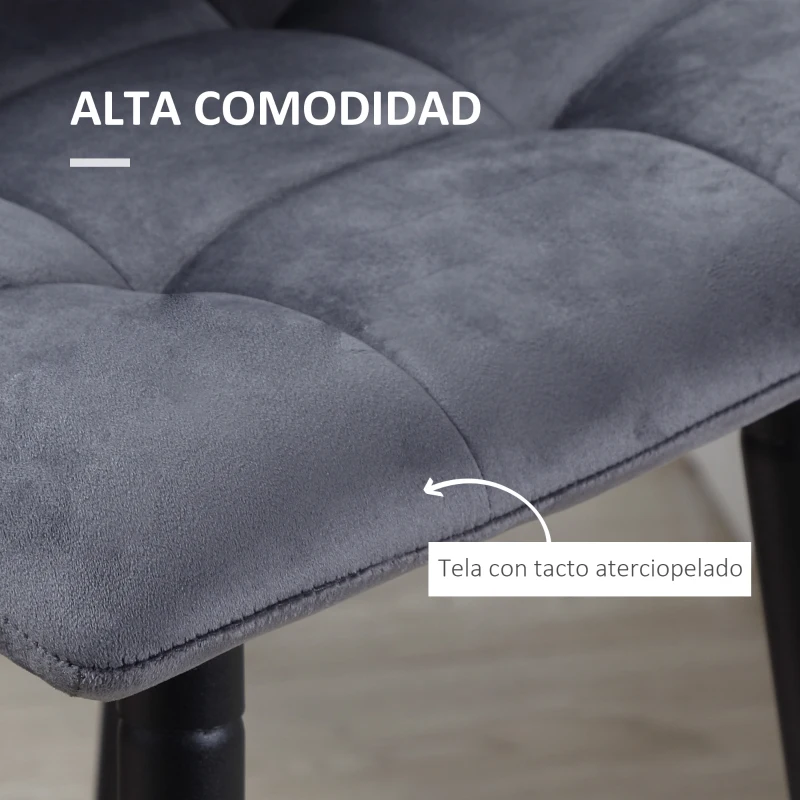 HOMCOM Juego de 2 Taburetes Altos de Cocina Taburetes de Bar Tapizados en Terciopelo con Reposapiés y Respaldo Gris
