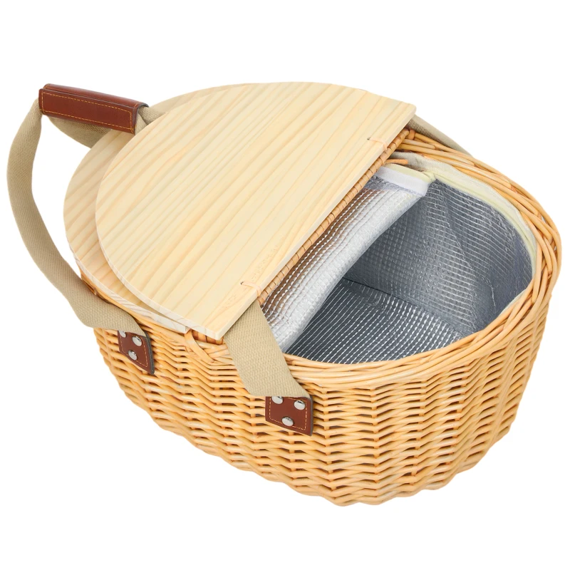 Outsunny Wicker Picnic Basket for 2 with Pine Wood Lid, Picnic Hamper with Cooler Compartment, Cutlery Service Kits, Carry Handle for Camping, Outdoor, Valentine Day, Chirtmas, Birthday, Light Brown