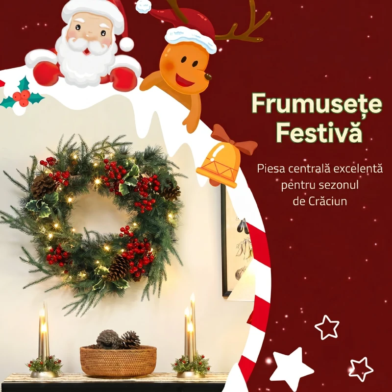 HOMCOM Ghirlandă de Crăciun de 60 cm cu lumini LED albe, timer, conuri, boabe și frunze de ilex, verde
