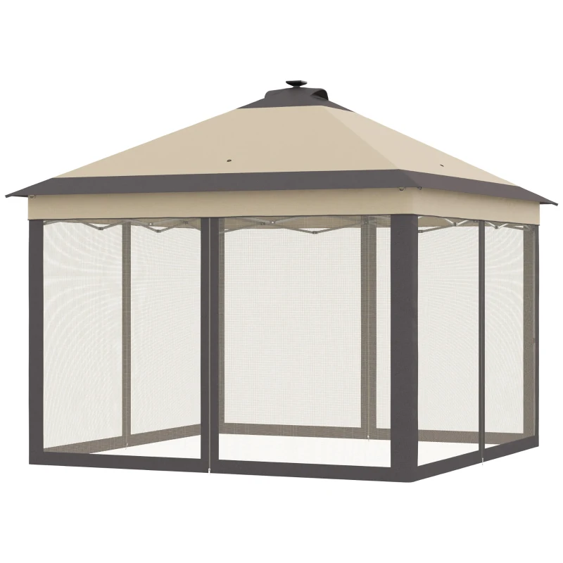 Outsunny Carpa Plegable con Luces LED 3,3x3,3 m Cenador de Jardín con Control Remoto  con 4 Mosquiteras Altura Ajustable Beige