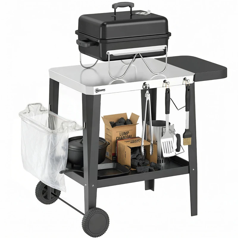 Outsunny Desserte Jardin 2 Niveaux Plateau en Inox avec Table Latérale Pliable et Roulettes, 115x67,5x80,5cm, Noir