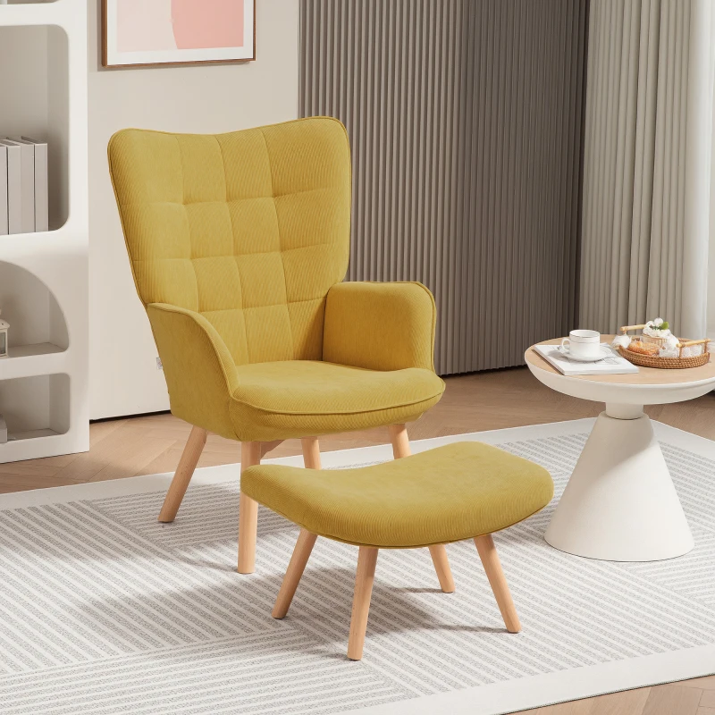 HOMCOM Akzentsessel mit Hocker, Relaxsessel in Cord-Optik, Armlehnstuhl mit Holzbeinen, für Wohnzimmer, Orange(m-10)