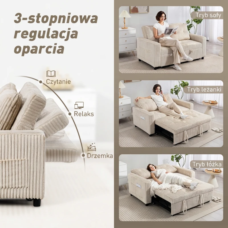HOMCOM 2-osobowa sofa z funkcją spania, wykończenie kordem, przekształcalna w sofę z funkcją spania, 2 poduszki, uchwyty na kubki, boczne kieszenie, 157 x 190 cm, kremowa