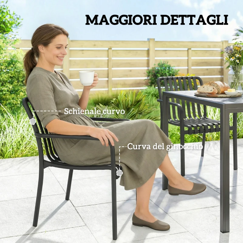 Outsunny Set di 4 Sedie da Patio Impilabili, Sedie da Pranzo per Esterni con Schienale Curvo, Seduta con Listelli e Braccioli