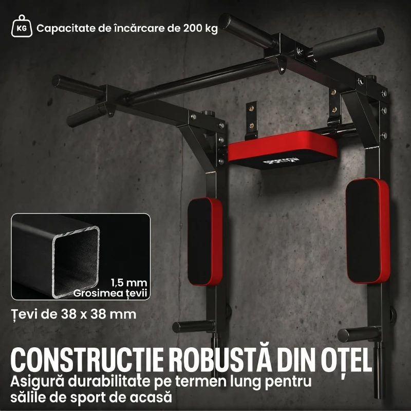 SPORTNOW Stație 2 în 1 pentru Perete, Tracțiuni și Dip, 200 kg, Roșu