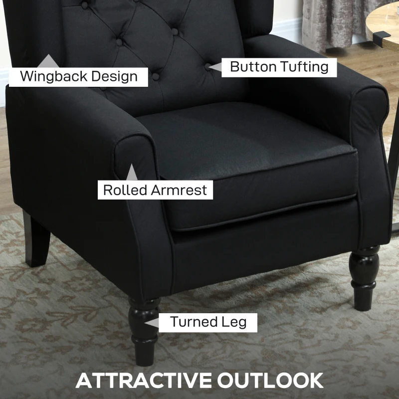 HOMCOM Wingback Accent Chair, Faux Linen Armchair with Thick Spring Cushion, High Back, Solid Wood Legs, Retro Button Tufted Reading Chair for Living Room, Bedroom, Black