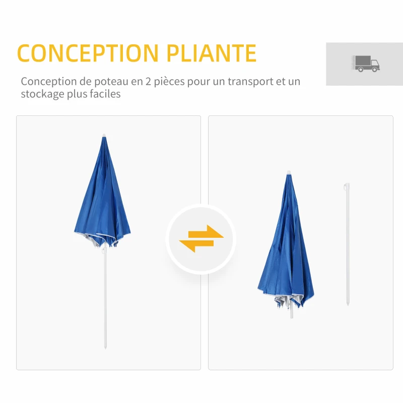 Outsunny Parasol de plage Ø 2,2 x 2,2 cm protection UV sac transport, sardines et lestage intégrés bleu
