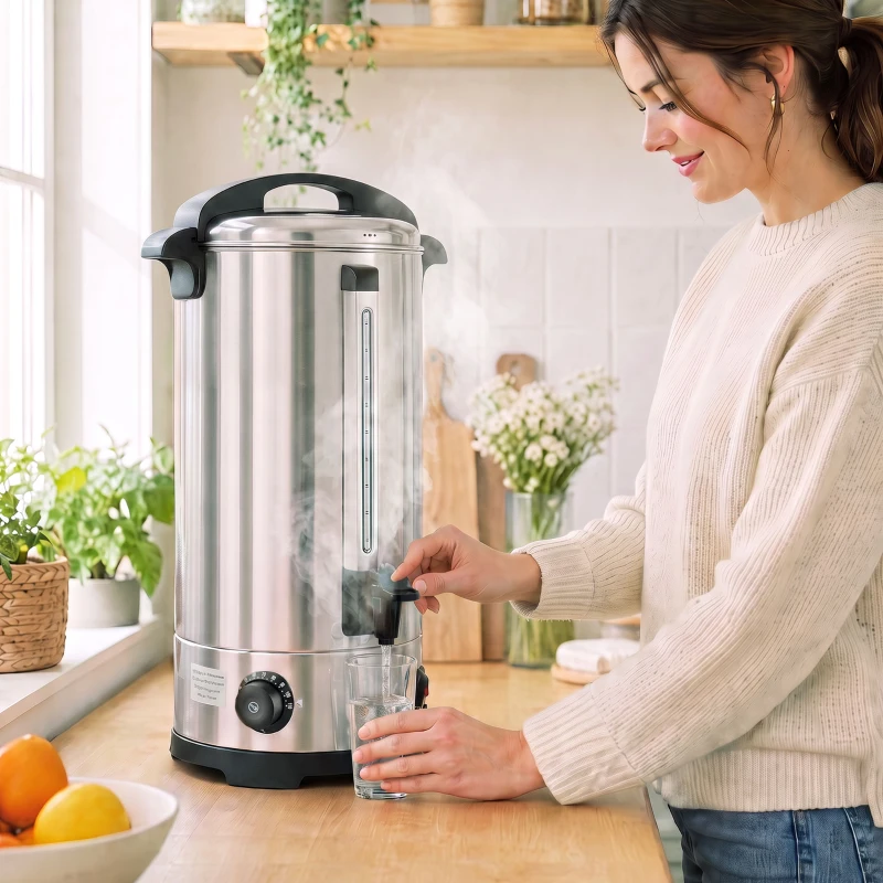 HOMCOM 24L Catering Urn, 2500W Stainless Steel Hot Water Boiler Dispenser with Thermostat, Keep Warm Function and Easy Pour Tap