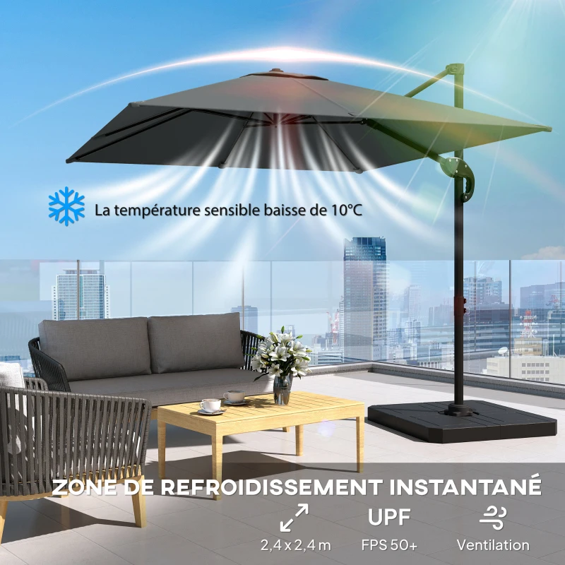 Outsunny Parasol déporté carré parasol de jardin extérieur pied et dalles de lestage mât aluminium protection UV50+2,4x2,4m gris
