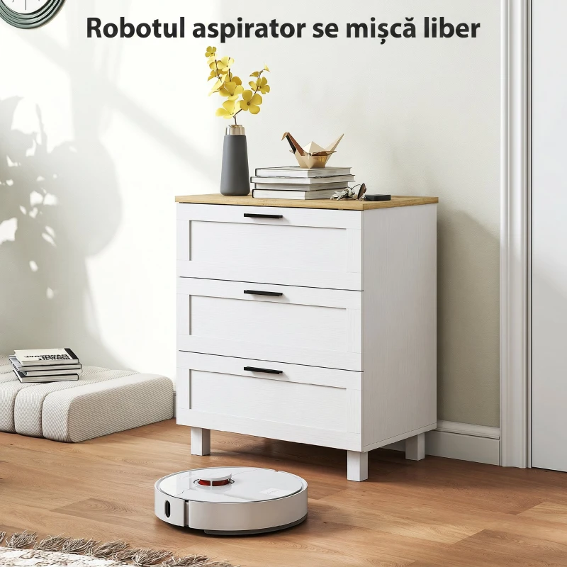 HOMCOM Comodă cu 3 Sertare Modernă din Lemn, 60x38x71 cm, Alb și Aspect de Lemn